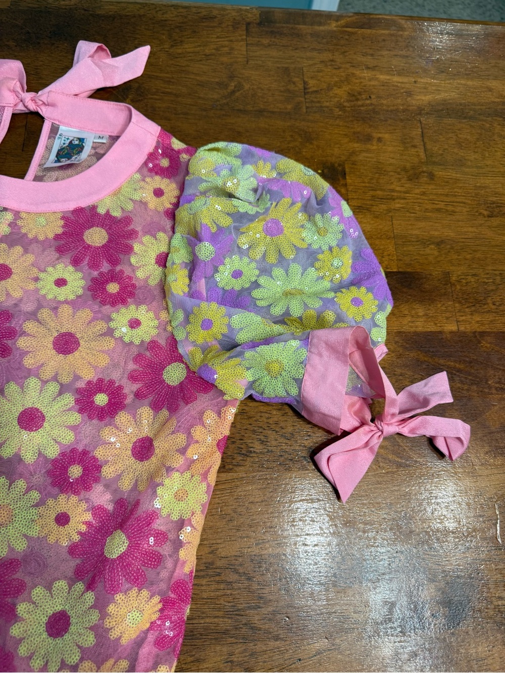 Queen of Sparkles Colorblock Daisy Sequin Dress Puff Sleeve Drop Waist Mini Med - Picture 8 of 10